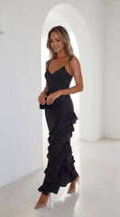 Olivara Polka Dot Ruffle Maxi Dress - Black
