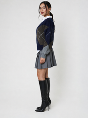 Noxley Argyle V Neck Long Sleeve Sweater - Navy