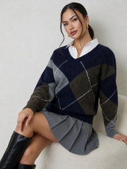 Noxley Argyle V Neck Long Sleeve Sweater - Navy