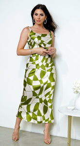 Addison Geo Print Satin Skirt Set - Green