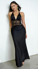 Ravena Lace Satin Detail Halter Maxi Dress - Black
