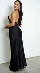 Ravena Lace Satin Detail Halter Maxi Dress - Black