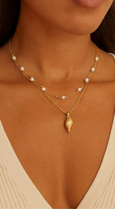 Conch Charm Pearl Beads Layered Necklace - Gold