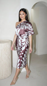 Rhodes One Shoulder Satin Midi Dress - Brown Blue