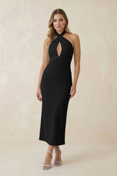 Halter Cut-Out Sheath Satin Midi Bridesmaid Dress in Black