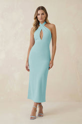 Halter Cut-Out Sheath Satin Midi Bridesmaid Dress in Bleached Aqua