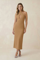 Halter Cut-Out Sheath Satin Midi Bridesmaid Dress in Bronzer