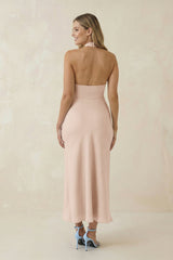 Halter Cut-Out Sheath Satin Midi Bridesmaid Dress in Buttercream