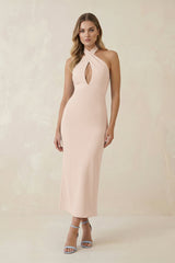 Halter Cut-Out Sheath Satin Midi Bridesmaid Dress in Buttercream