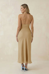 Halter Cut-Out Sheath Satin Midi Bridesmaid Dress in Champagne
