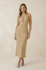 Halter Cut-Out Sheath Satin Midi Bridesmaid Dress in Champagne