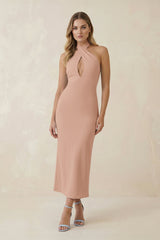 Halter Cut-Out Sheath Satin Midi Bridesmaid Dress in Champagne Rose