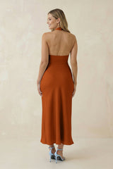 Halter Cut-Out Sheath Satin Midi Bridesmaid Dress in Cinnamon