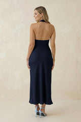 Halter Cut-Out Sheath Satin Midi Bridesmaid Dress in Dark Navy