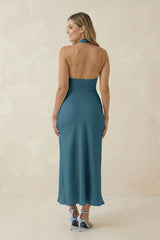 Halter Cut-Out Sheath Satin Midi Bridesmaid Dress in Dark Teal