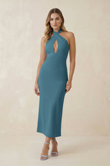 Halter Cut-Out Sheath Satin Midi Bridesmaid Dress in Dark Teal