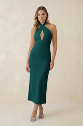 Halter Cut-Out Sheath Satin Midi Bridesmaid Dress in Emerald