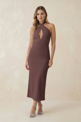 Halter Cut-Out Sheath Satin Midi Bridesmaid Dress in Espresso