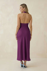 Halter Cut-Out Sheath Satin Midi Bridesmaid Dress in Fig
