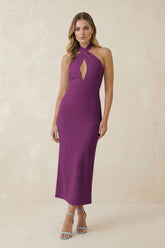 Halter Cut-Out Sheath Satin Midi Bridesmaid Dress in Fig