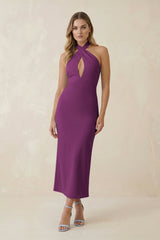 Halter Cut-Out Sheath Satin Midi Bridesmaid Dress in Fig
