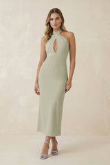 Halter Cut-Out Sheath Satin Midi Bridesmaid Dress in Frost