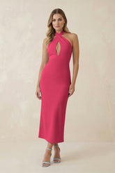Halter Cut-Out Sheath Satin Midi Bridesmaid Dress in Fuchsia