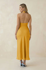 Halter Cut-Out Sheath Satin Midi Bridesmaid Dress in Gold