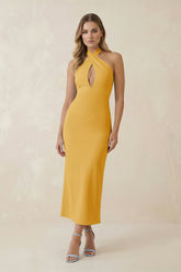 Halter Cut-Out Sheath Satin Midi Bridesmaid Dress in Gold