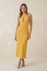 Halter Cut-Out Sheath Satin Midi Bridesmaid Dress in Gold
