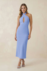 Halter Cut-Out Sheath Satin Midi Bridesmaid Dress in Ice