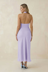 Halter Cut-Out Sheath Satin Midi Bridesmaid Dress in Lavender