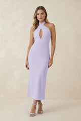 Halter Cut-Out Sheath Satin Midi Bridesmaid Dress in Lavender