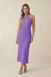 Halter Cut-Out Sheath Satin Midi Bridesmaid Dress in Lilac