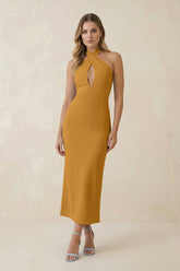 Halter Cut-Out Sheath Satin Midi Bridesmaid Dress in Marigold