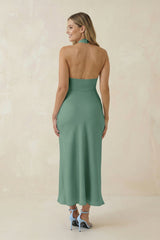 Halter Cut-Out Sheath Satin Midi Bridesmaid Dress in Mint Green