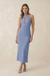 Halter Cut-Out Sheath Satin Midi Bridesmaid Dress in Mist