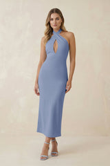 Halter Cut-Out Sheath Satin Midi Bridesmaid Dress in Mist