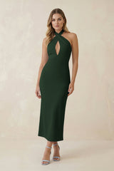 Halter Cut-Out Sheath Satin Midi Bridesmaid Dress in Moss