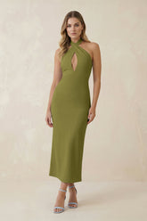 Halter Cut-Out Sheath Satin Midi Bridesmaid Dress in Moss Green
