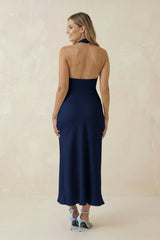 Halter Cut-Out Sheath Satin Midi Bridesmaid Dress in Navy