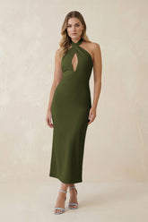 Halter Cut-Out Sheath Satin Midi Bridesmaid Dress in Olive