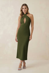 Halter Cut-Out Sheath Satin Midi Bridesmaid Dress in Olive