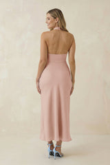 Halter Cut-Out Sheath Satin Midi Bridesmaid Dress in Pale Blush