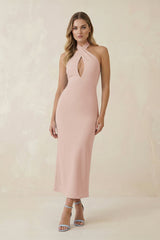 Halter Cut-Out Sheath Satin Midi Bridesmaid Dress in Pale Blush