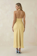 Halter Cut-Out Sheath Satin Midi Bridesmaid Dress in Pastel Yellow