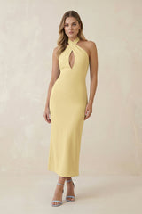 Halter Cut-Out Sheath Satin Midi Bridesmaid Dress in Pastel Yellow