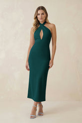 Halter Cut-Out Sheath Satin Midi Bridesmaid Dress in Pine