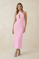 Halter Cut-Out Sheath Satin Midi Bridesmaid Dress in Pink