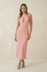 Halter Cut-Out Sheath Satin Midi Bridesmaid Dress in Rose Petal